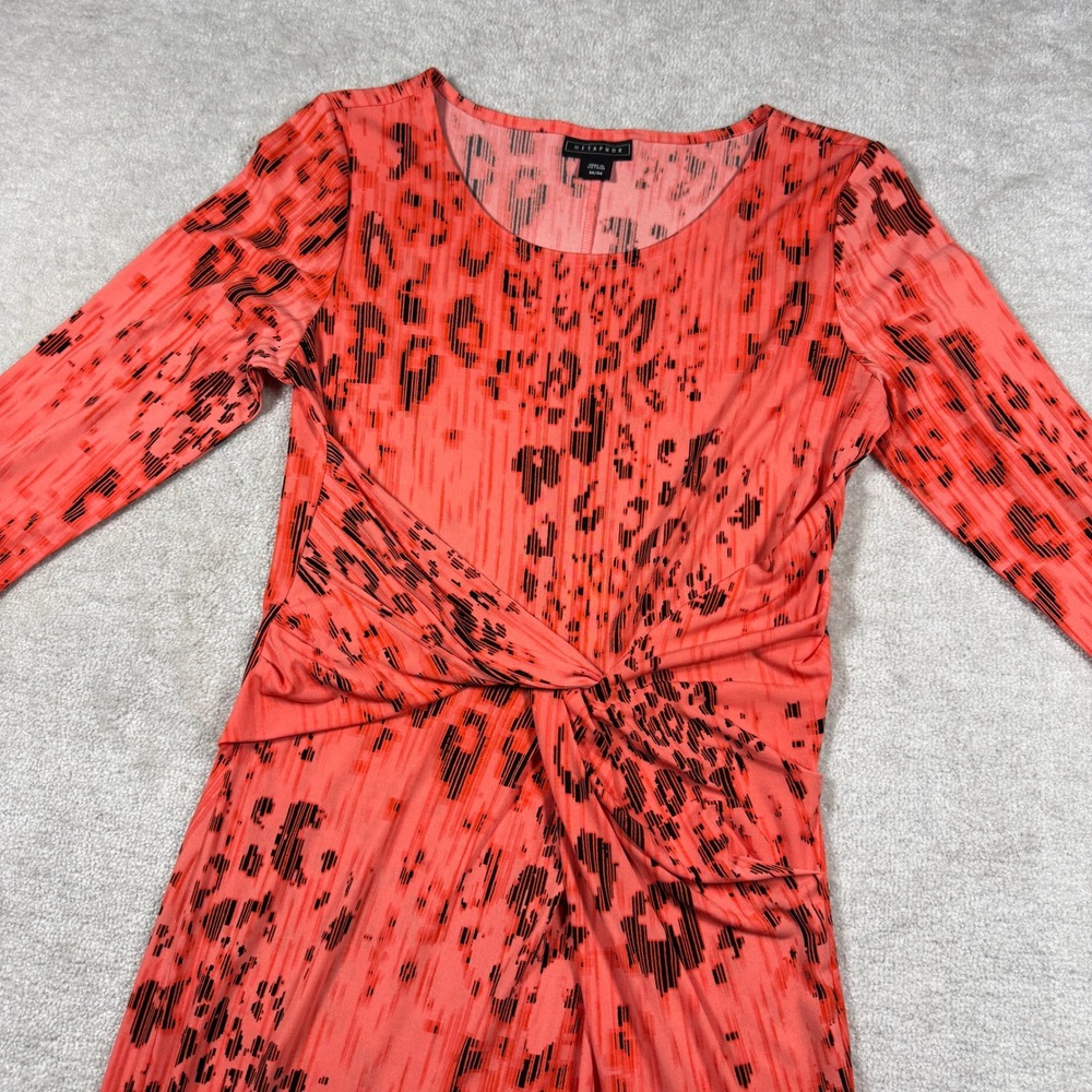 Metaphor Dress Women M Coral Pink Black Animal Print Twist Front 3/4 Sleeve Knee